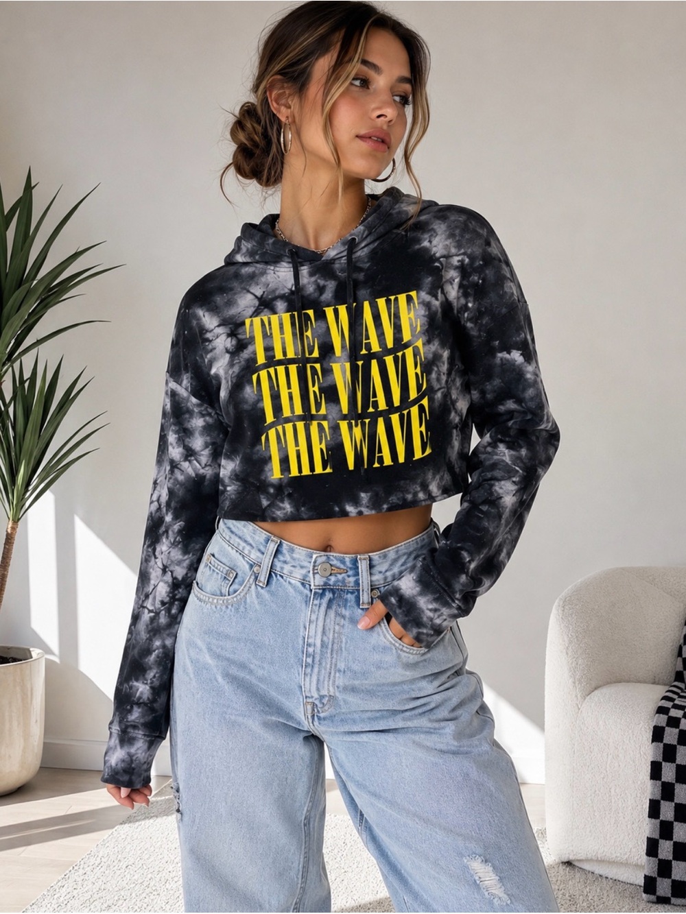 Fanjoy The Wave Distressed Cropped Hoodie Tie Dye Black Gray